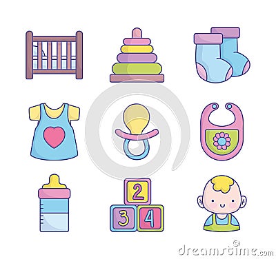 Baby shower clothes toys accessories icons collection Vector Illustration