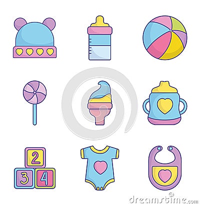 Baby shower clothes toys accessories icons collection Vector Illustration