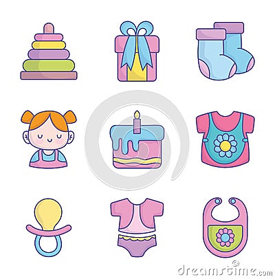 Baby shower clothes toys accessories icons collection Vector Illustration