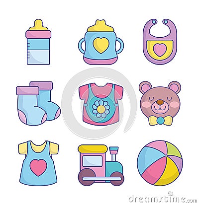 Baby shower clothes toys accessories icons collection Vector Illustration