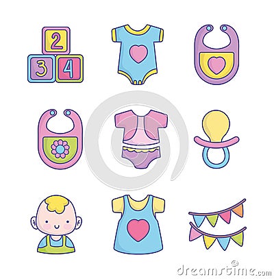 Baby shower clothes toys accessories icons collection Vector Illustration