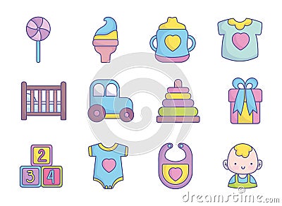 Baby shower clothes toys accessories icons collection Vector Illustration