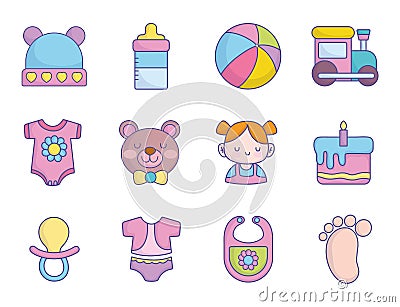 Baby shower clothes toys accessories icons collection Vector Illustration