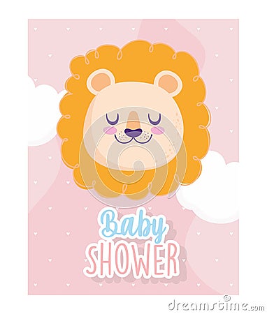 Baby shower, cute face lion clouds hearts background cartoon, theme invitation card Vector Illustration