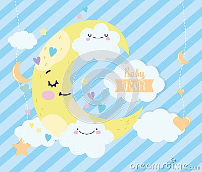 Baby shower cute half moon clouds hearts cartoon Vector Illustration