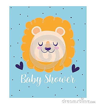 Baby shower, cute lion animal hearts cartoon, theme invitation card dotted background Vector Illustration