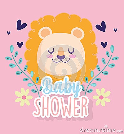 Baby shower, cute lion head hearts flowers decoration cartoon, theme invitation card Vector Illustration