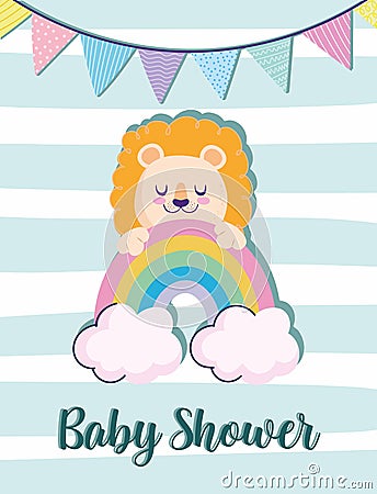 Baby shower cute lion rainbow and pennants decoration card Vector Illustration