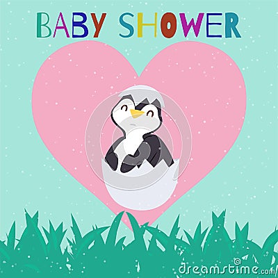 Baby shower with cute penguin chick just hatched from an egg in love heart cartoon vector illustration. Vector Illustration