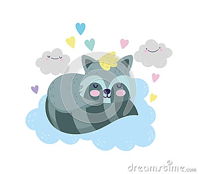 Baby shower cute raccoon sleeping on clouds hearts cartoon Vector Illustration