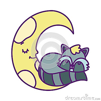 Baby shower cute raccoon sleeping half moon cartoon Vector Illustration