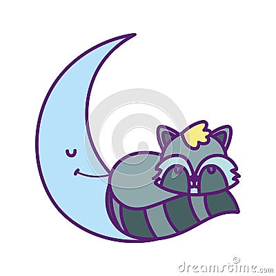 Baby shower cute raccoon sleeping on half moon Vector Illustration