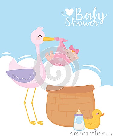 Baby shower, cute stork with little girl basket duck and bottle milk, celebration welcome newborn Vector Illustration