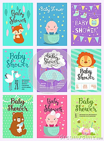 Baby shower design card cute woodland animals born arrival graphic. Party template vintage cute birth baby shower Stock Photo