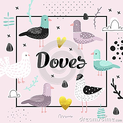 Baby Shower Design with Cute Doves. Creative Hand Drawn Childish Bird Pigeon Background for Decoration, Invitation Vector Illustration