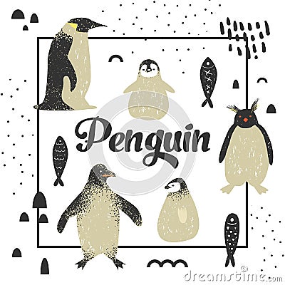 Baby Shower Design with Cute Penguins. Creative Hand Drawn Childish Penguin Background for Decoration, Invitation, Cover Vector Illustration