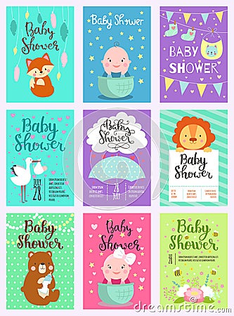 Baby shower design vector card cute woodland animals born arrival vector graphic. Party template vintage cute birth baby Vector Illustration