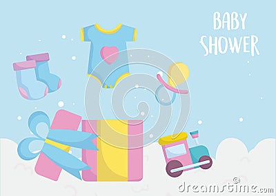 Baby shower, gift train bodysuit socks pacifier, announce newborn welcome card Vector Illustration