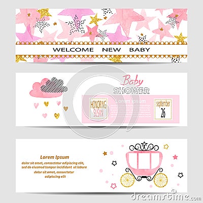 Baby Shower girl banners vector set in pink and golden colors. Vector Illustration