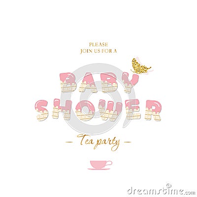 Baby shower girl invitation card template. Chocolate letters with melted cream. Pastel pink and gold glitter trendy design. Stock Photo