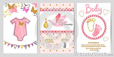 Baby shower girl set. Vector invitation cards Vector Illustration