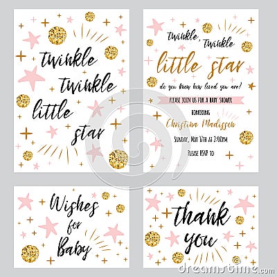 Baby shower girl templates Twinkle twinkle little star text with gold polka dot pink star invtation thank you card Vector Illustration