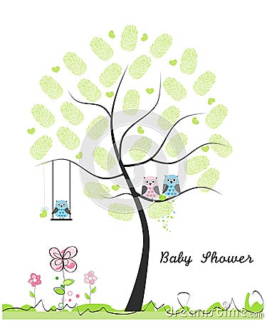 Baby shower greeting card. Baby boy. Baby owl. Owl family with made of finger prints tree vector illustration Vector Illustration