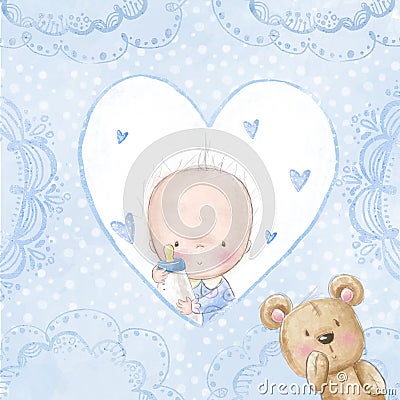 Baby shower greeting card. Baby boy with teddy, Love background for children. Baptism invitation. Newborn card design. Stock Photo