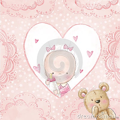 Baby shower greeting card.Baby girl with teddy,Love background for children.Baptism invitation. Newborn card design. Stock Photo