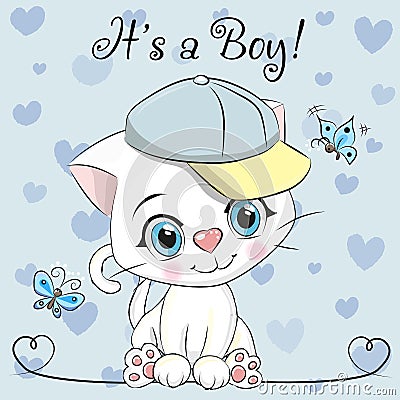 Baby Shower Greeting Card with cute Kitten boy Vector Illustration