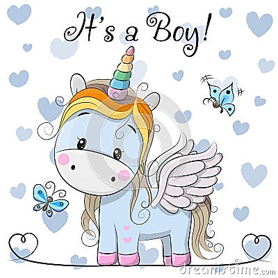 Baby Shower Greeting Card with cute Unicorn boy Vector Illustration