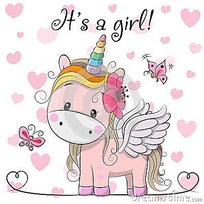 Baby Shower Greeting Card with Unicorn girl Vector Illustration