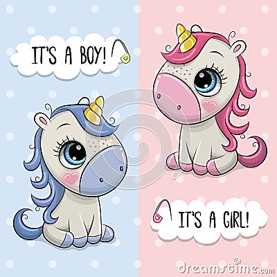 Baby Shower greeting card with Unicorns boy and girl Vector Illustration