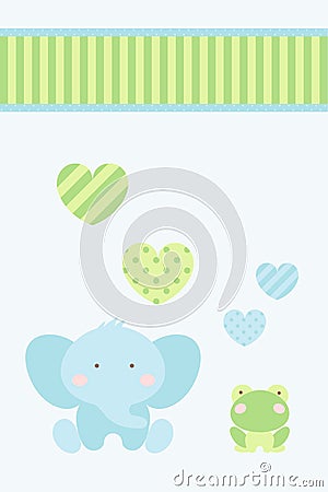 Baby shower - happy blue elephant and green frog celebrate love under heart and ribbon Stock Photo