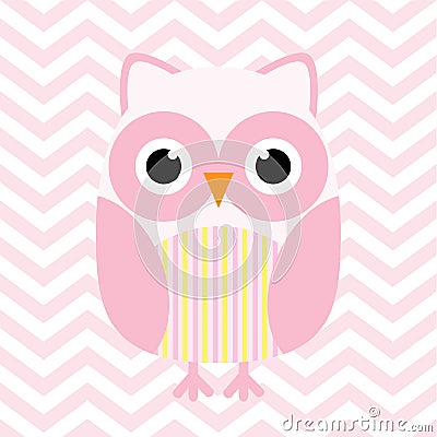 Baby shower illustration with cute pink baby owl on pink chevron background Vector Illustration