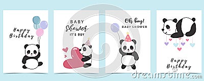Baby shower invitation card for boy with panda, heart, balloon, blue Vector Illustration