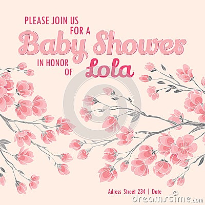 Baby shower invitation card with flowers Vector Illustration