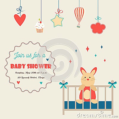 Baby shower invitation card with little rabbit in a baby cot Vector Illustration