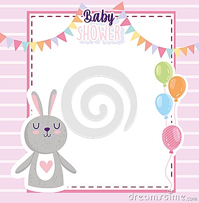 Baby shower invitation card rabbit balloons and pennants decoration Vector Illustration