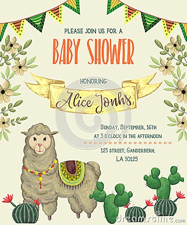 Baby shower invitation with llama animal, cacti and floral elements.. Vector Illustration