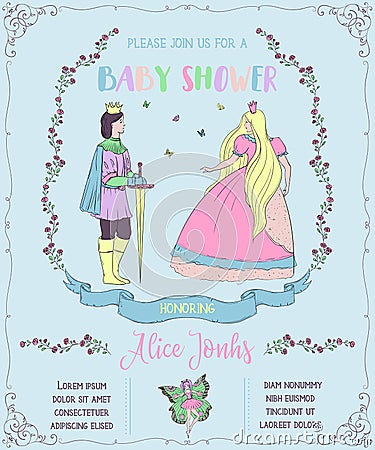 Baby shower invitation with prince, princess, fairy, roses and butterflies. Fairy tale theme. Vector Illustration