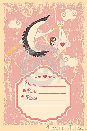 Baby shower invitation.Stork ,newborn baby girl, Vector Illustration