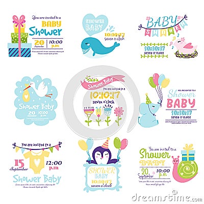 Baby shower invitation vector set. Vector Illustration