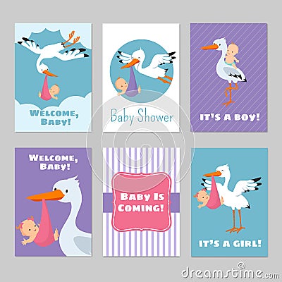 Baby shower invitations vector cards with stork and baby Vector Illustration