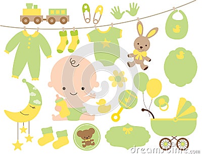 Baby Shower Item Set in Green and Yellow Vector Illustration