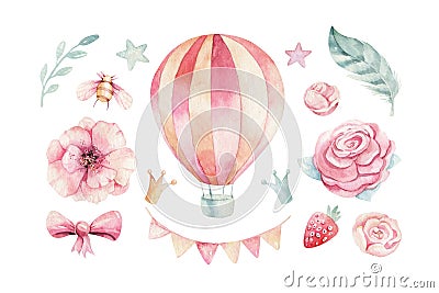 Baby shower kid swan watercolor girl design butterfly cartoon elements. Set of baby pink dress and baby`s bootees Cartoon Illustration