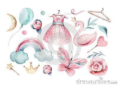 Baby shower kid swan watercolor girl design butterfly cartoon elements. Set of baby pink dress and baby`s bootees Cartoon Illustration