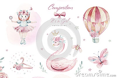 Baby shower kid swan watercolor girl design cartoon elements. Set of baby pink birthday balloon toy dress illustration Cartoon Illustration