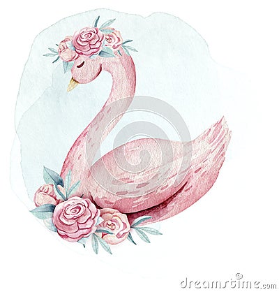 Baby shower kid swan watercolor girl design cartoon elements. Set of baby pink birthday illustration. Newborn party Cartoon Illustration