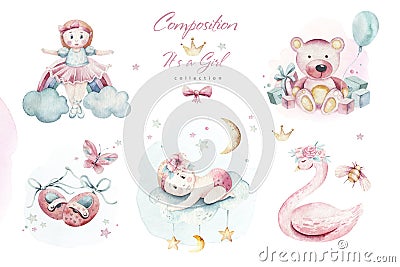 Baby shower kid swan watercolor girl design cartoon elements. Set of baby pink birthday illustration. Newborn party Cartoon Illustration